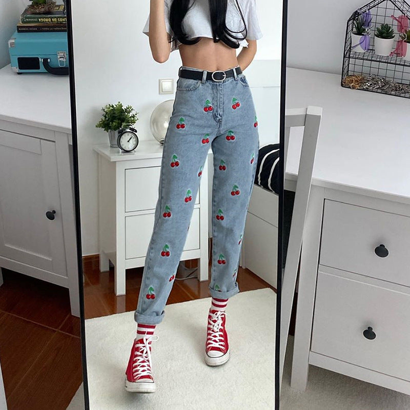 Cherry Embroidered High-rise Slimming Pencil Jeans