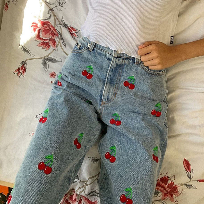 Cherry Embroidered High-rise Slimming Pencil Jeans