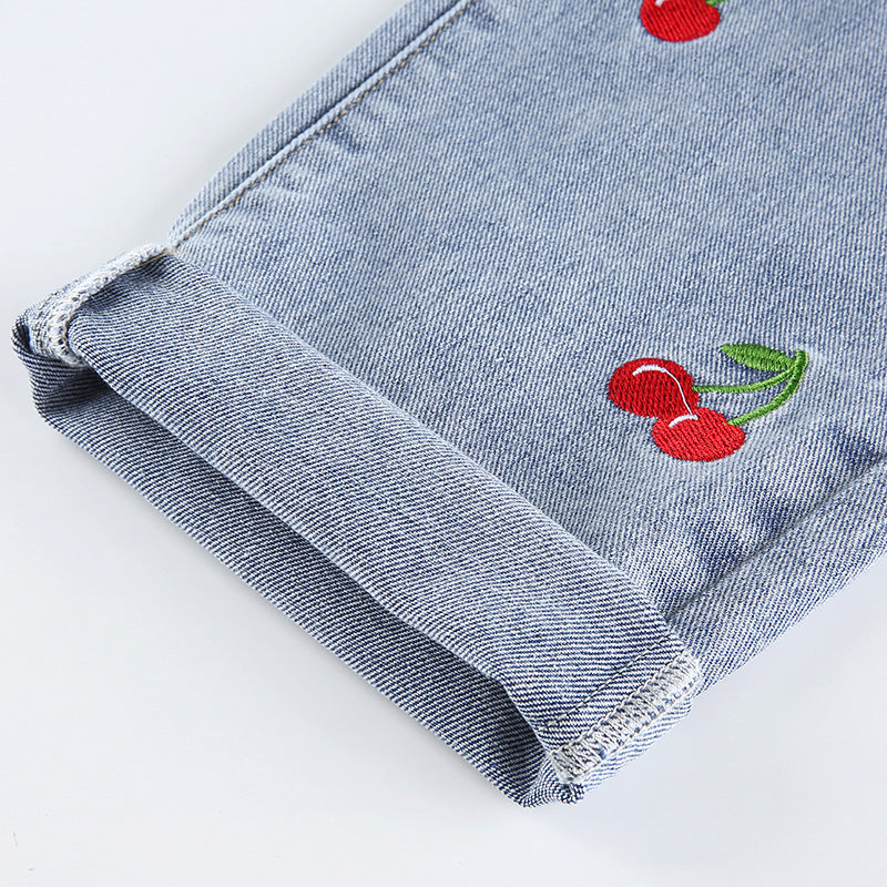 Cherry Embroidered High-rise Slimming Pencil Jeans